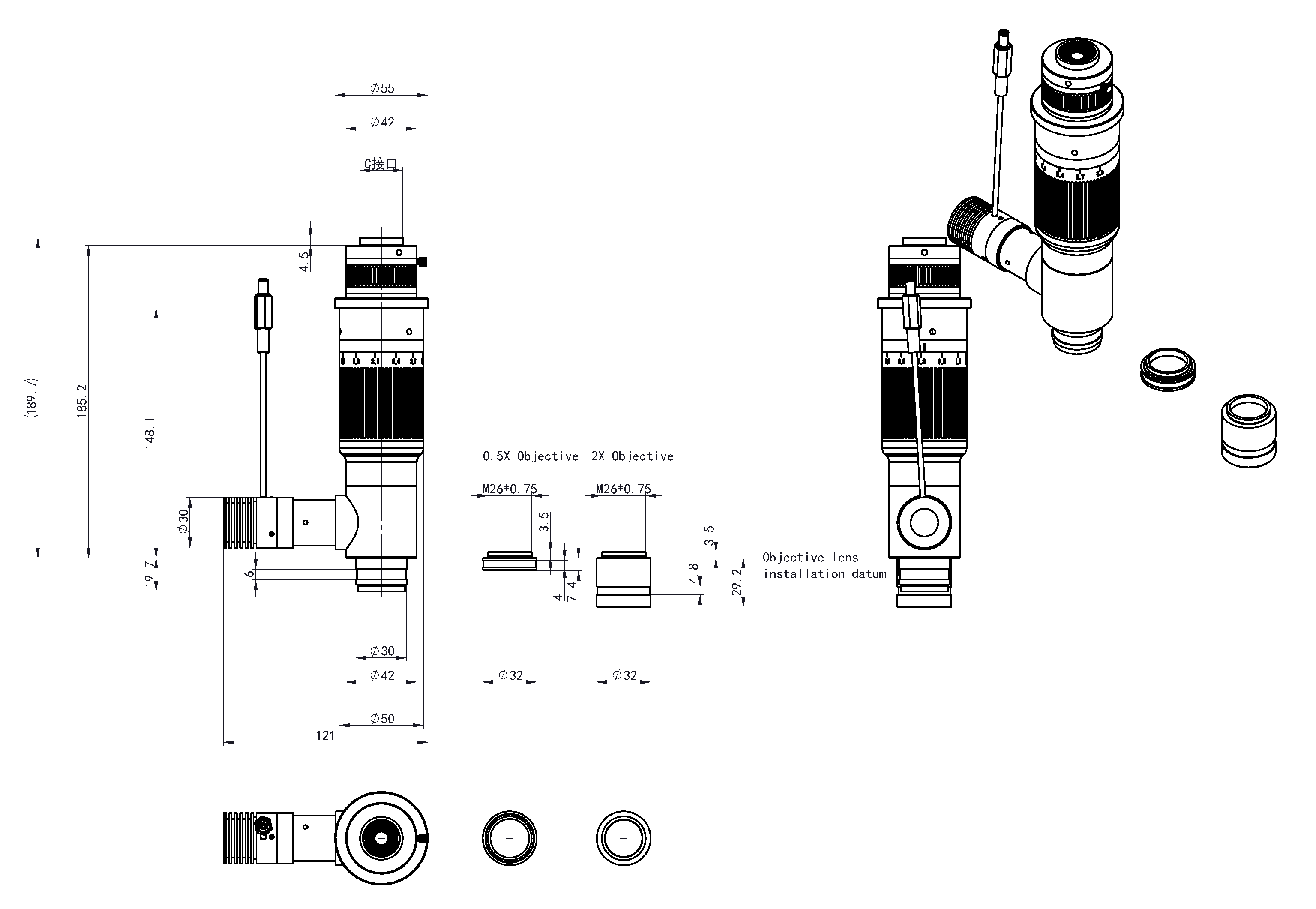BS-1085A dengan 1X adaptor C-mount dan Dimensi iluminator koaksial tipe lurus